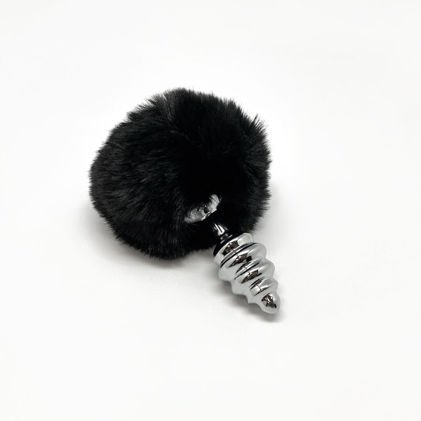 Металлическая анальная пробка Кроличий хвостик Alive Fluffy Twist Plug S Black, диаметр 2,9 см SO6307