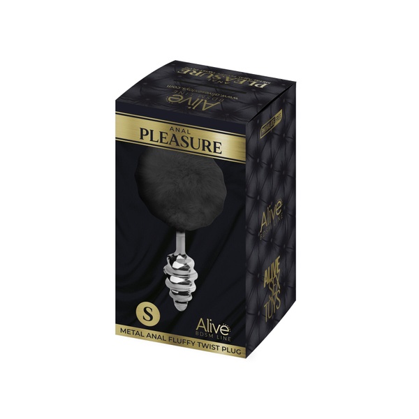 Металлическая анальная пробка Кроличий хвостик Alive Fluffy Twist Plug S Black, диаметр 2,9 см SO6307