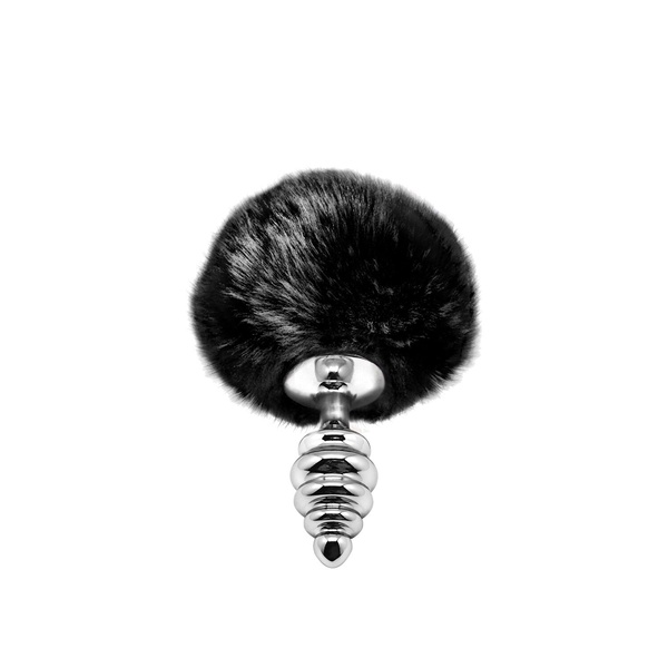 Металева анальна пробка Кролячий хвостик Alive Fluffy Twist Plug S Black, діаметр 2,9 см , SO6307