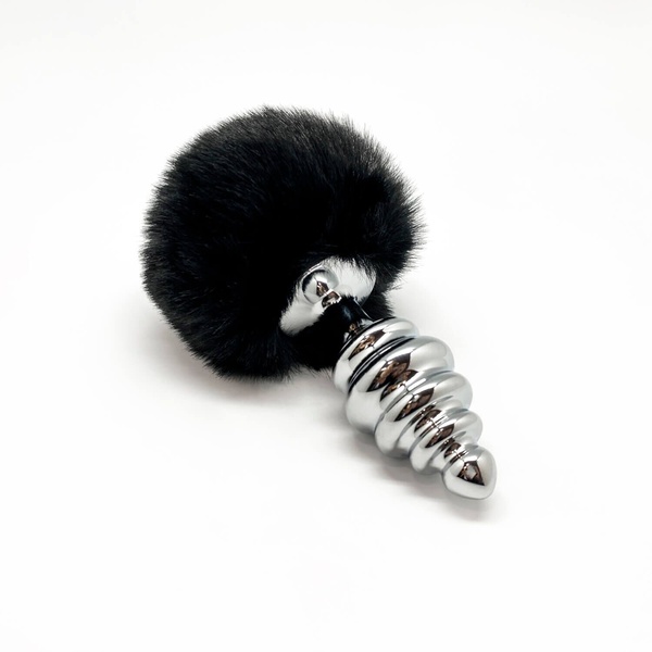 Металлическая анальная пробка Кроличий хвостик Alive Fluffy Twist Plug L Black, диаметр 3,8 см SO6311