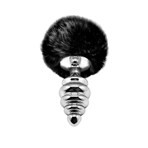 Металлическая анальная пробка Кроличий хвостик Alive Fluffy Twist Plug L Black, диаметр 3,8 см SO6311