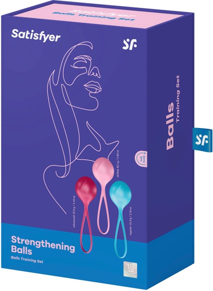 Вагинальные шарики Satisfyer Strengthening Balls (3шт), диаметр 3,8см, масса 62-82-98г, монолитные Голубой/розовый/красный SO2302 SO2302 фото