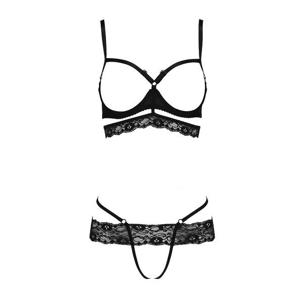 Комплект білизни Passion Exclusive SARIA SET OpenBra S/M, black, стрепи, відкритий ліф, стрінги Чорний, PS25002 PS25002 фото