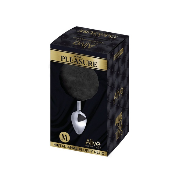 Металева анальна пробка Кролячий хвостик Alive Fluffy Plug M Black, діаметр 3,4 см , SO6315