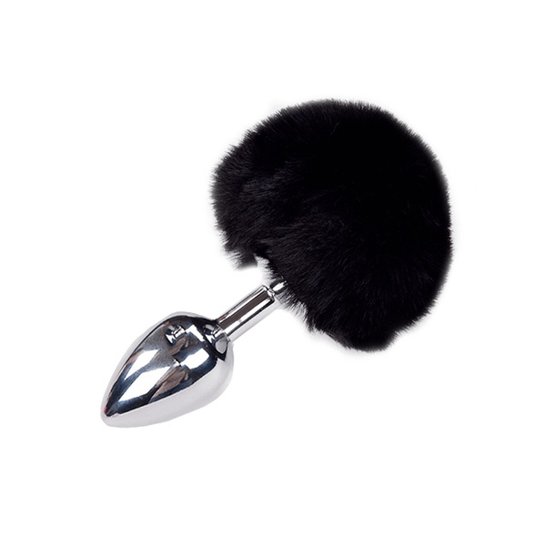 Металлическая анальная пробка Кроличий хвостик Alive Fluffy Plug M Black, диаметр 3,4 см SO6315