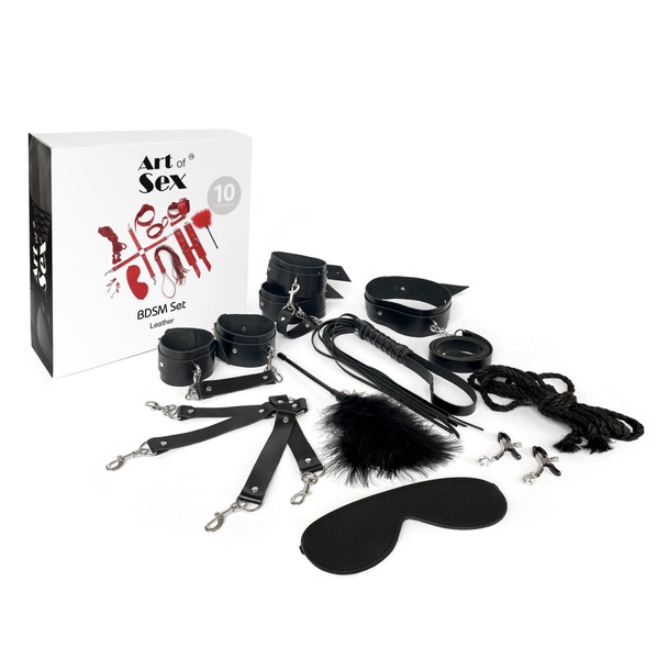 Набір Art of Sex - BDSM Set Leather, 10 предметів, натуральна шкіра, Чорний , SO7138 SO7138 фото