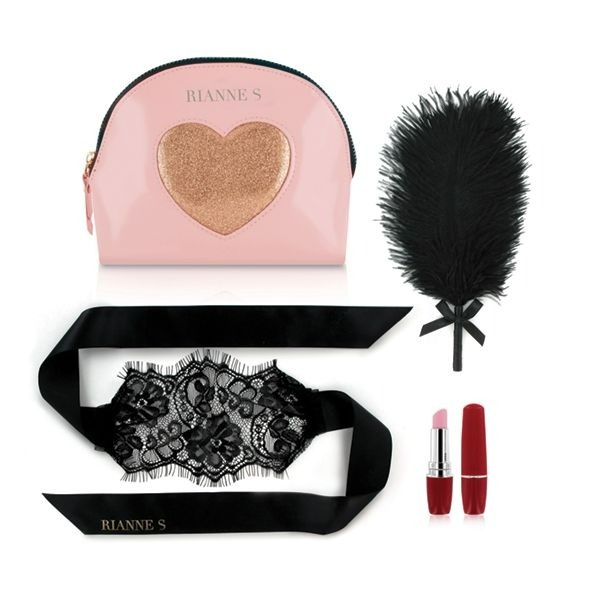 Набір у сумочці вібратор-помадка, пір'їнка та маска Rianne S Essentials Kit d'Amour Roze/Goud, RS27850