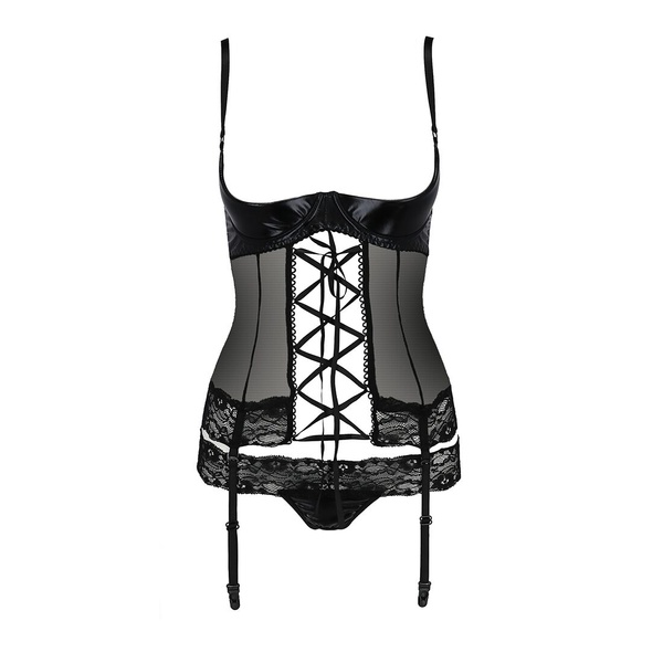 Корсет з відкритими грудьми Passion Exclusive NORTH CORSET S/M, black, пажі, трусики, шнурівка Чорний, PS24005 PS24005 фото