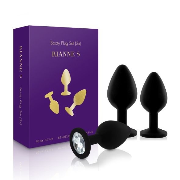 Набір силіконових анальних пробок із кристалом Rianne S: Booty Plug Set Black, діаметр 2,7см, 3,5см, , SO3889 SO3889 фото