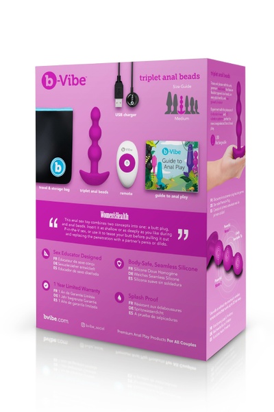 Анальные шарики с пультом, 2 мотора B-Vibe TRIPLET ANAL BEADS, фуксия , BV-005 FUC