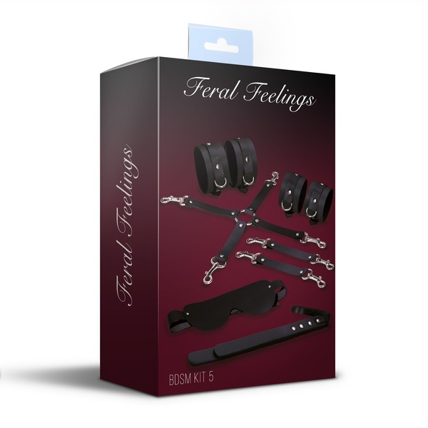 Набор для БДСМ 5 в 1 Feral Feelings BDSM Kit 5 Black, наручники, поножи, крестовина, маска, паддл SO8272 SO8272 фото