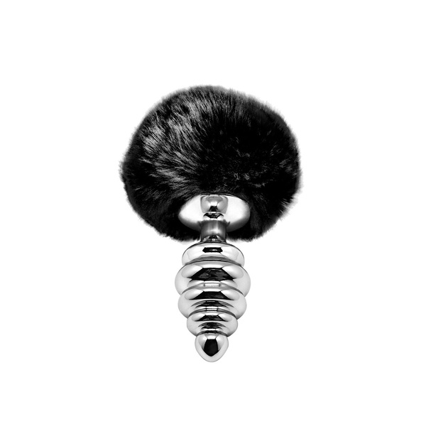 Металлическая анальная пробка Кроличий хвостик Alive Fluffy Twist Plug M Black, диаметр 3,4 см SO6309