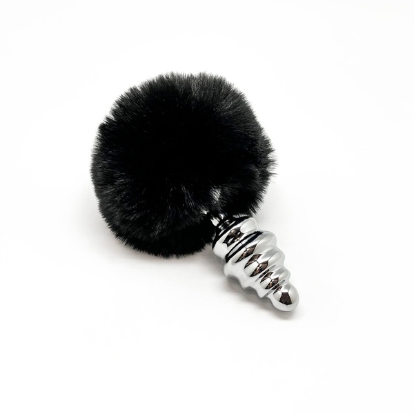 Металлическая анальная пробка Кроличий хвостик Alive Fluffy Twist Plug M Black, диаметр 3,4 см SO6309