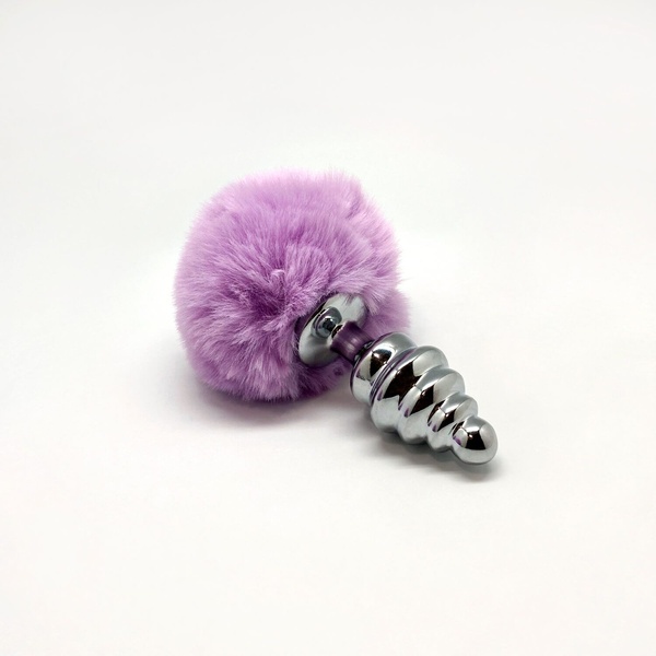 Металева анальна пробка Кролячий хвостик Alive Fluffy Twist Plug M Purple, діаметр 3,4 см , SO6308