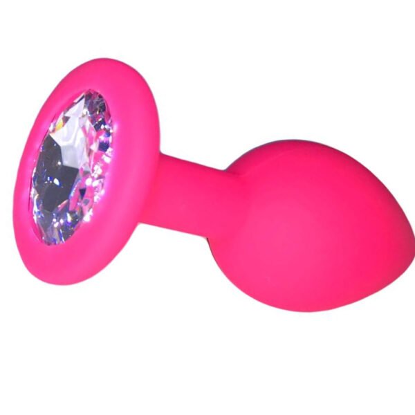 Анальна пробка силикон розовий з білим камінням Silicone розмір М
