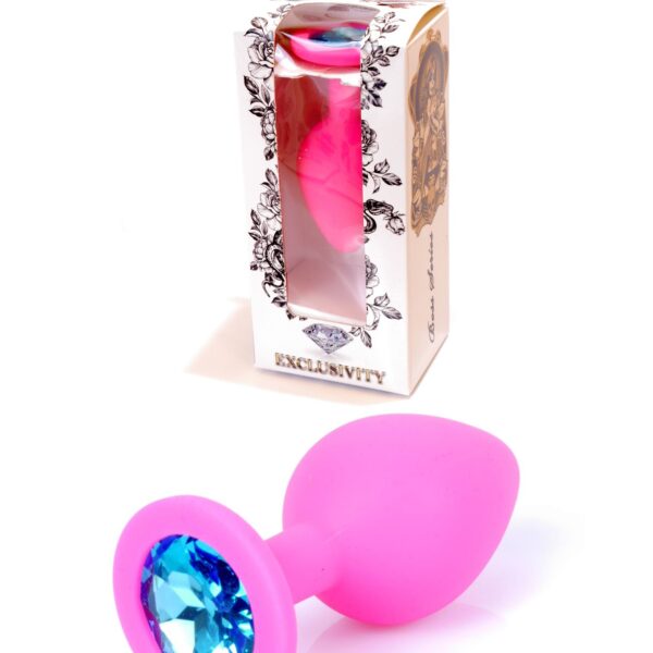 Анальна пробка з блакитним кристалом Plug-Jewellery Pink Silicon PLUG Medium-Light Blue Diamond