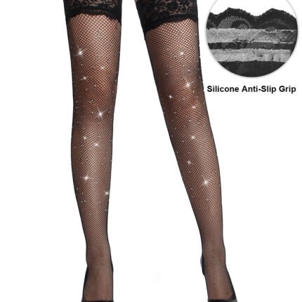 Панчохи в сітку зі стразами та мереживним верхом Star Night на силіконовій стрічці, чорний