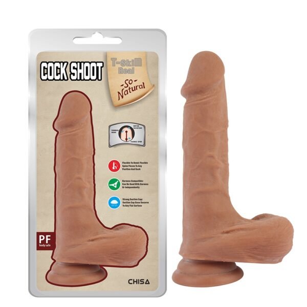 Фалоімітатор із мошонкою на присосці Chisa T-skin ReaL Сock Shoot, бежевий, 20 см