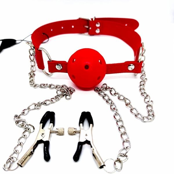 Кляп DS Fetish Ball gag with nipple clamps red