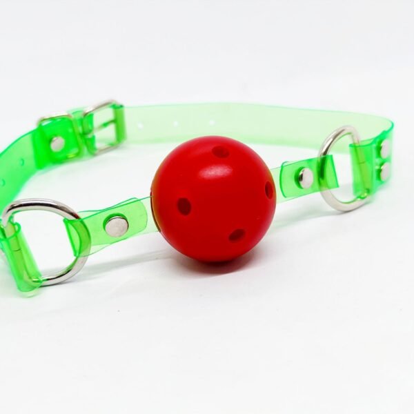 Кляп неоновий DS Fetish, червоний на зеленому ремінці