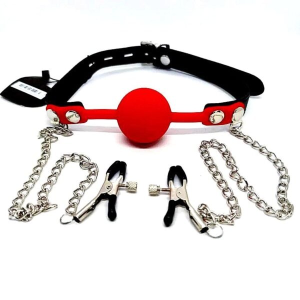 Кляп із затискачами на соски DS Fetish Locking gag with nipple clamps black/red