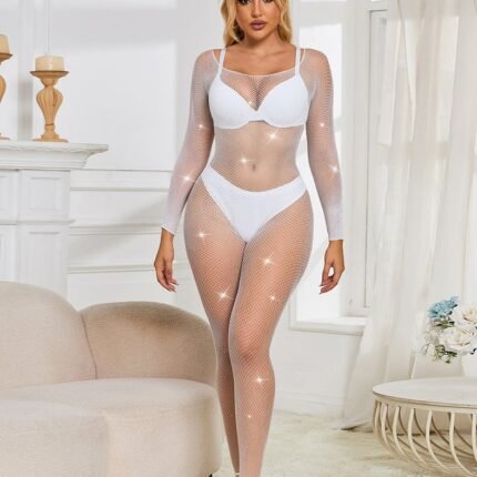 Комбінезон сітка зі стразами Star Night та відкритим доступом, білий, XS-M
