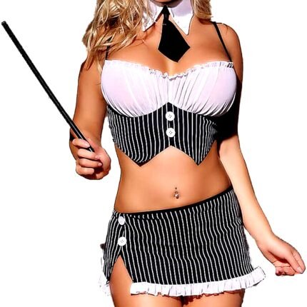 Костюм вчительки в смужку Sunspice спідниця, топ, стрінги, окуляри, комір-краватка, вказівка