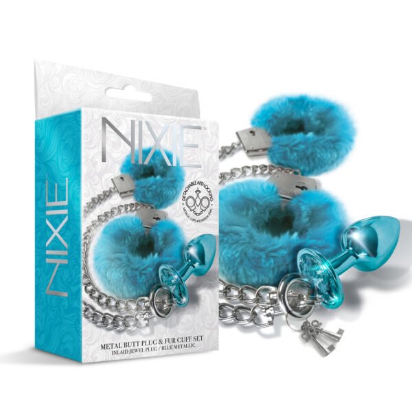 Набір Global Novelties NIXIE METAL BUTT PLUG & FURRY HANDCUFF SET, MEDIUM, BLUE METALLIC