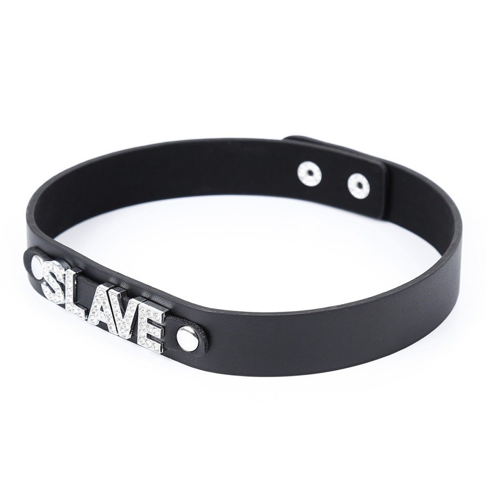 Нашийник з написом SLAVE зі страз DS Fetish, шкірозамінник, чорний - Зображення 2