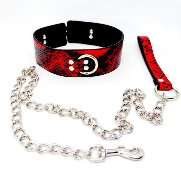 Нашийник з повідцем DS Fetish snake skin під шкіру змії червоний