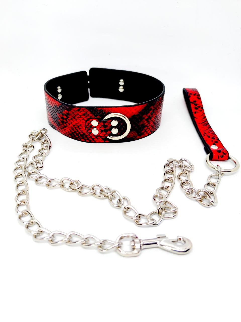 Нашийник з повідцем DS Fetish snake skin під шкіру змії червоний