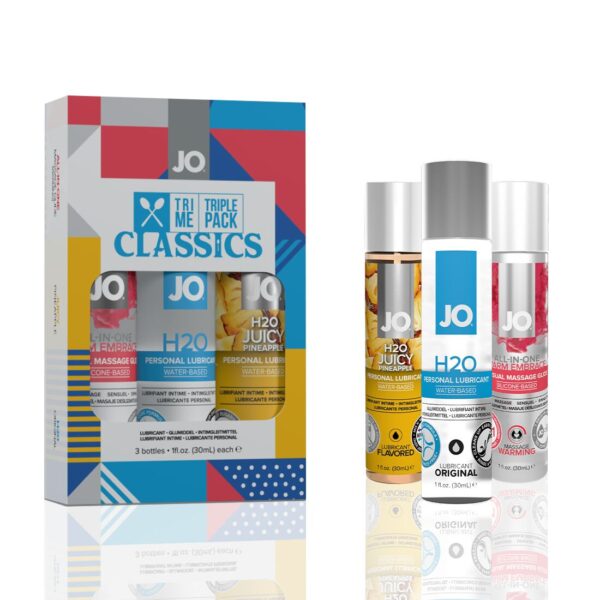 Набір JO Tri-Me Triple Pack — Classics (3?30 мл) водна, силіконова та смакова змазка