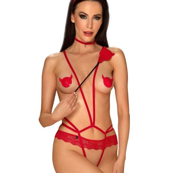 Еротичний костюм чортика зі стреп Obsessive Evilia teddy red S/M, боді, чокер, накладки на соски, обруч з ріжками