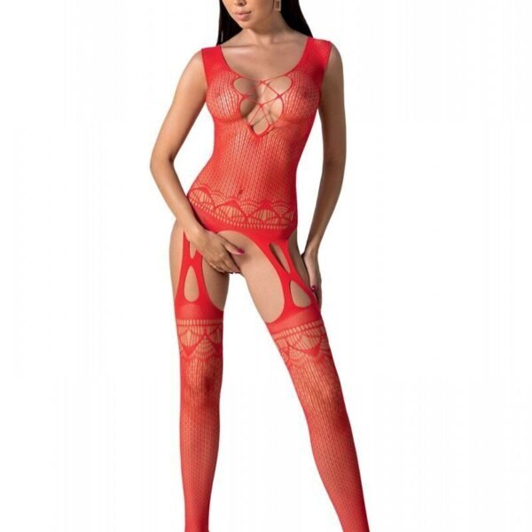 Бодістокінг з плетінням на грудях Passion BS099 One Size, red, відкритий доступ, імітація підв’язок