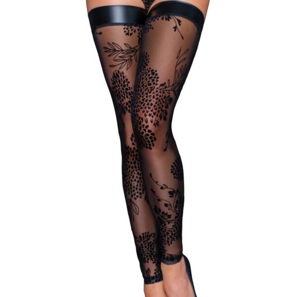 Панчохи без миска Noir Handmade F243 Tulle stockings with patterned flock embroidery, XL