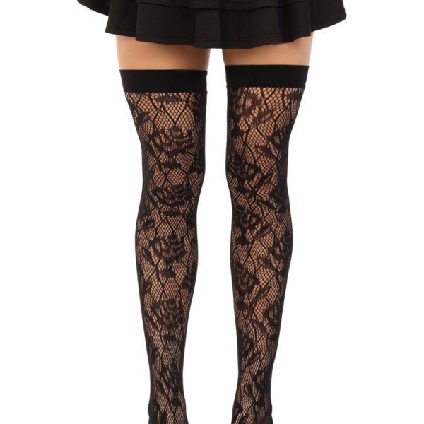 Панчохи Leg Avenue Wild rose net thigh highs, One Size, чорні, широка резинка, малюнок-троянди