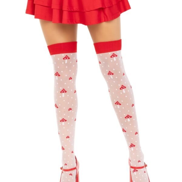 Панчохи Leg Avenue Polka Dot Mushroom Thigh Highs, One Size, біло-червоні, на резинці, малюнок — гриби