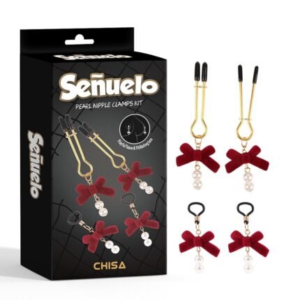Затискачі на соски CHISA Senuelo Pearl Nipple Clamps Kit з червоними бантиками та намистинами