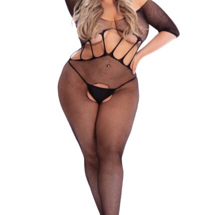 Комбінезон Pink Lipstick Amplify Crotchless, Plus Size, в дрібну сітку, чорний