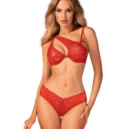 Комплект мереживний Obsessive Atenica c асиметричним дизайном бюстьє, червоний, XS/S