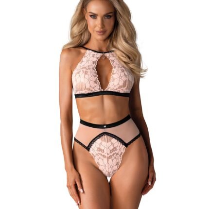 Комплект ніжно-рожевий Obsessive Lilines з чорною обробкою, L/XL