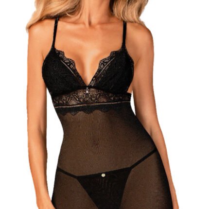 Пеньюар напівпрозорий з мереживними вставками Obsessive Reneliai та стрінги, S/M