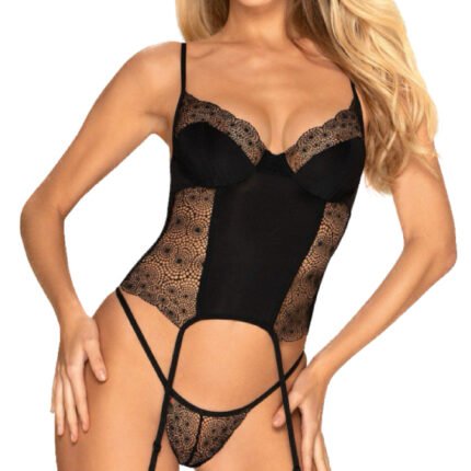 Комплект Obsessive Sharlotte корсет з пажами для панчох та трусики стрінги, чорний, S/M