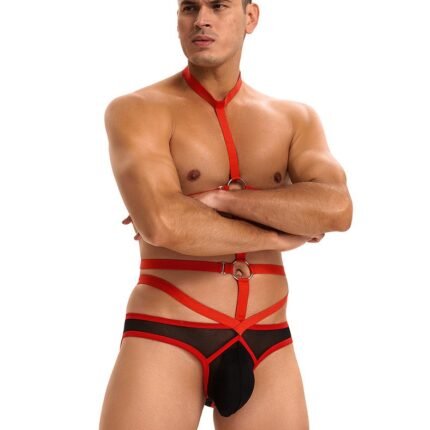 Чоловічі труси з портупеєю та чокером Star Night червоний-чорний, S