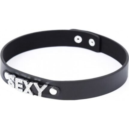 Нашийник з написом SEXY зі страз DS Fetish, шкірозамінник, чорний