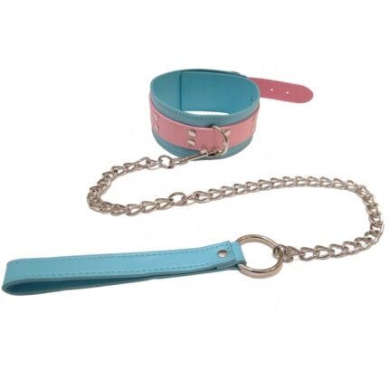 Нашийник з повідцем DS Fetish, шкірозамінник, блакитний з рожевим