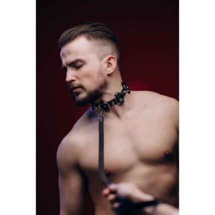 Нашийник з повідцем, з кільцями та шипами Candy Hero M-Ch3.1 натуральна шкіра, чоловічий, чорний