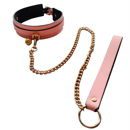Нашийник з повідцем і дзвіночком DS Fetish, світиться в темряві, екокожа, рожевий