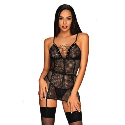Пеньюар в сіточку Obsessive Basitta зі шнурівкою, стрінги в комплекті, чорний, L/XL