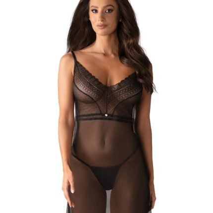 Пеньюар довгий Obsessive Estiqua з відкритою спиною, чорний, M/L